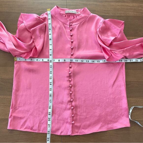 Alice + Olivia | Womens Barbie Pink Brayden Ruffled Satin Blouse Tie Sleeves Top - Picture 10 of 10